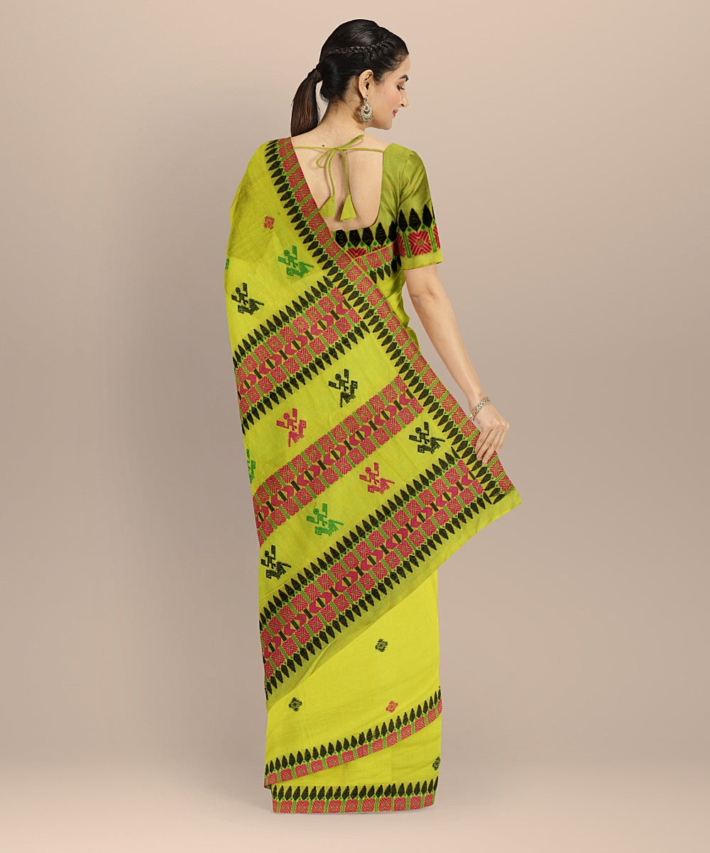 Lime green multicolour cotton handloom assam saree