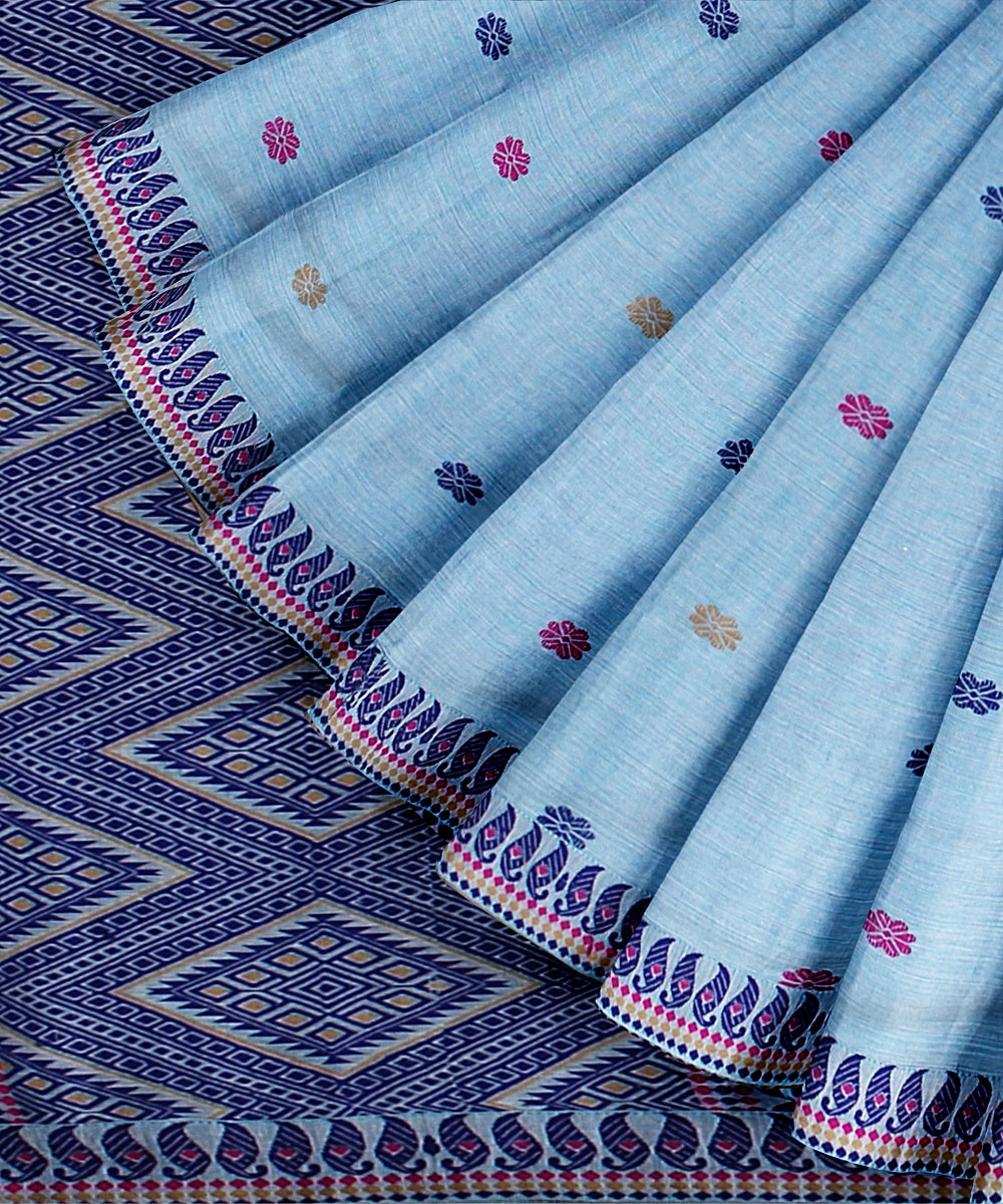 Sky blue navy blue cotton handloom assam saree