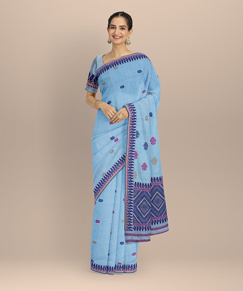 Sky blue navy blue cotton handloom assam saree