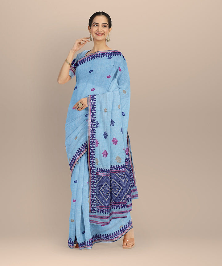 Sky blue navy blue cotton handloom assam saree