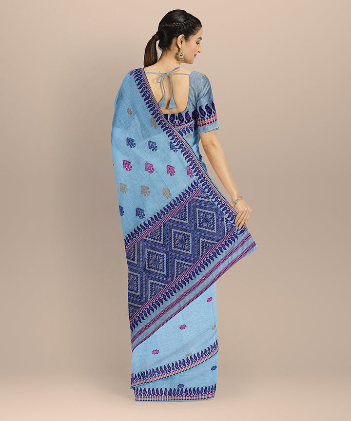 Sky blue navy blue cotton handloom assam saree