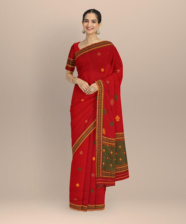 Red green cotton handloom assam saree