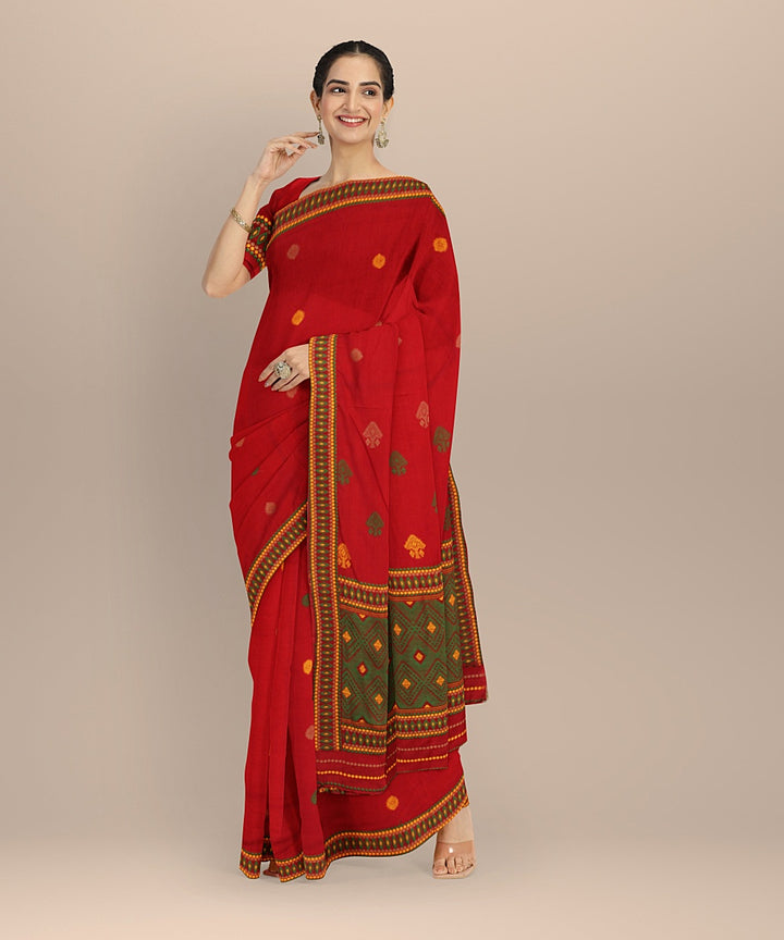 Red green cotton handloom assam saree