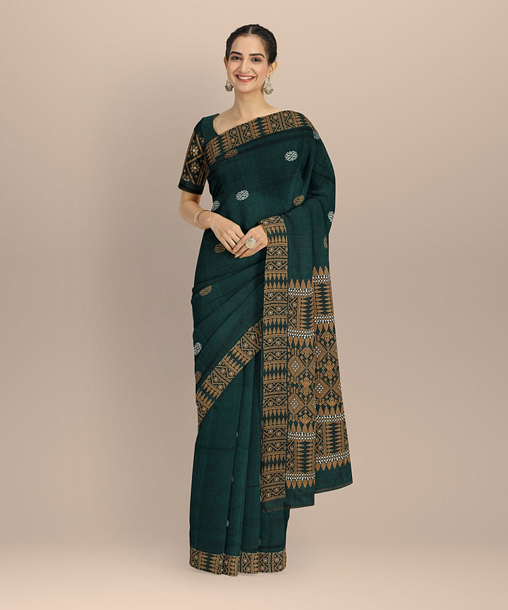 Dark green brown cotton handloom assam saree