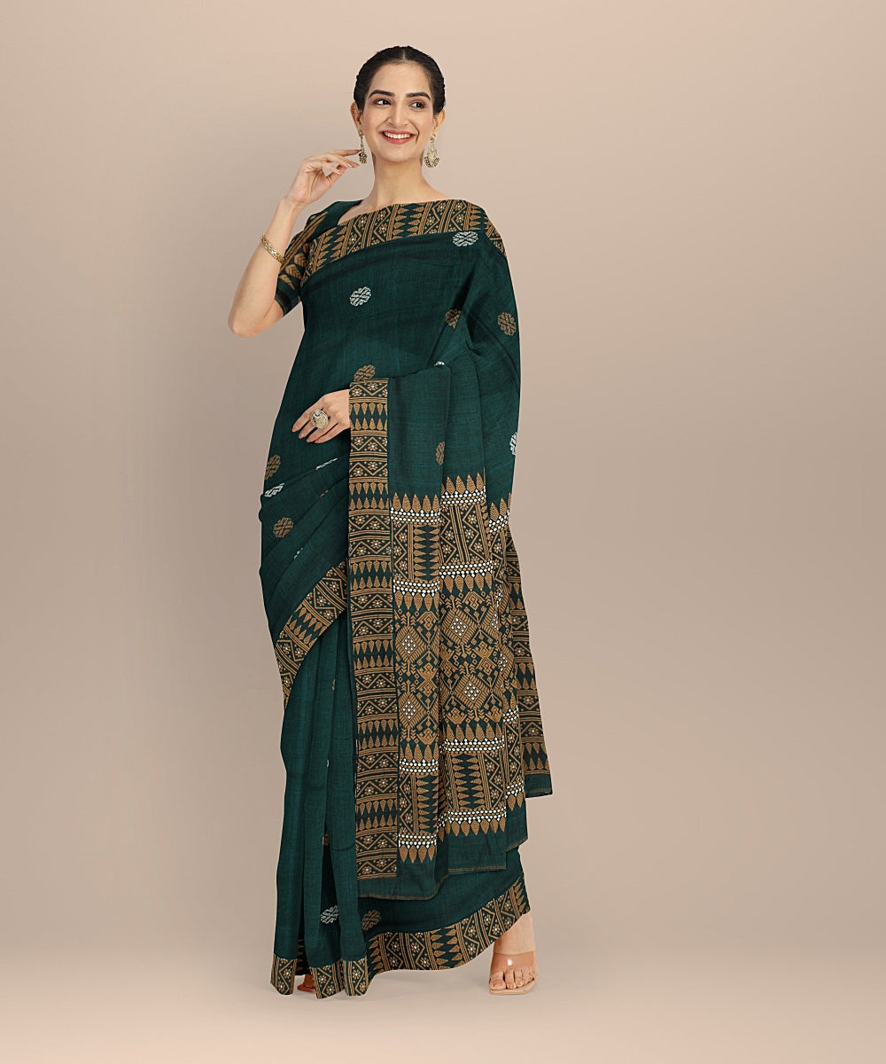 Dark green brown cotton handloom assam saree