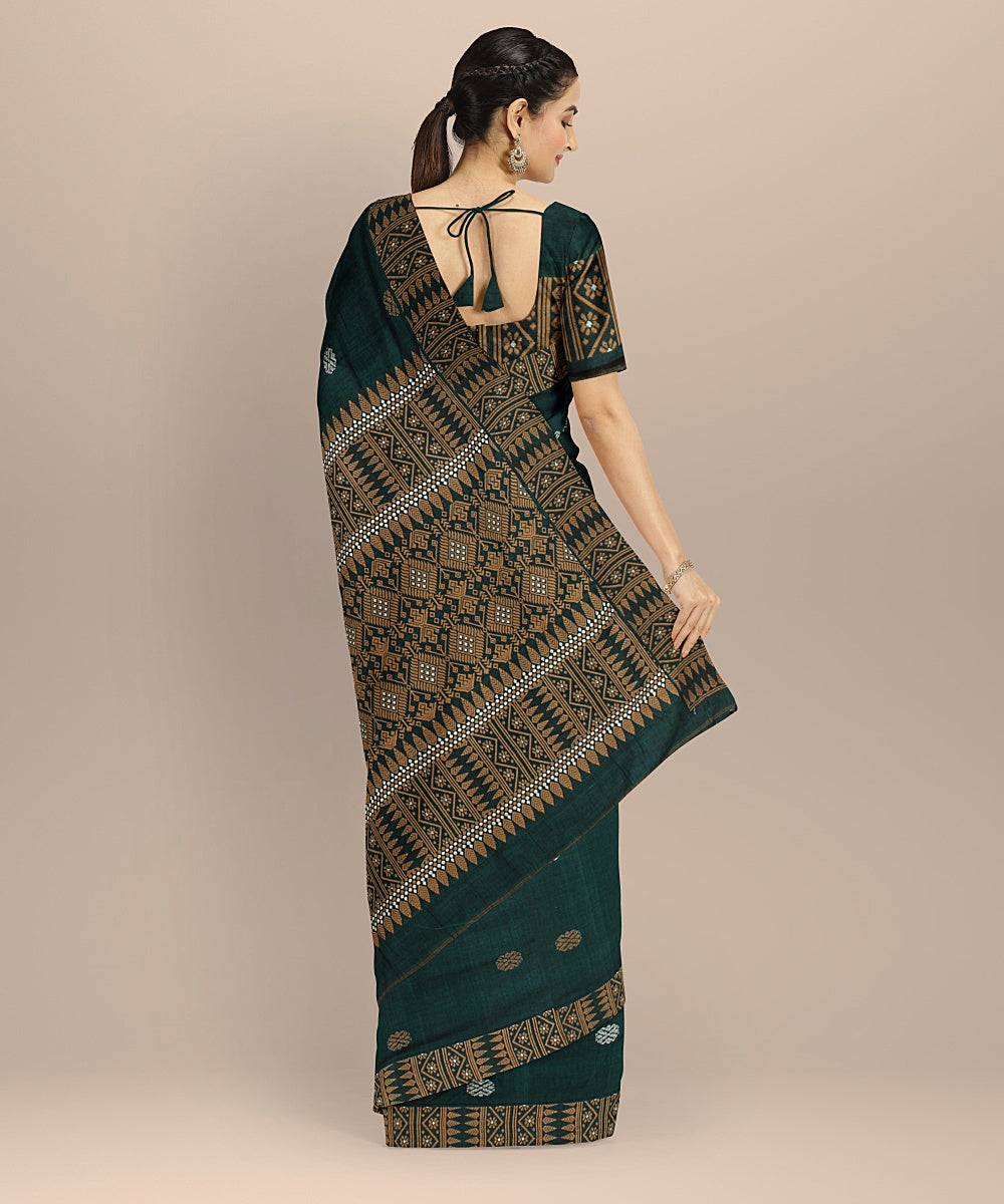 Dark green brown cotton handloom assam saree