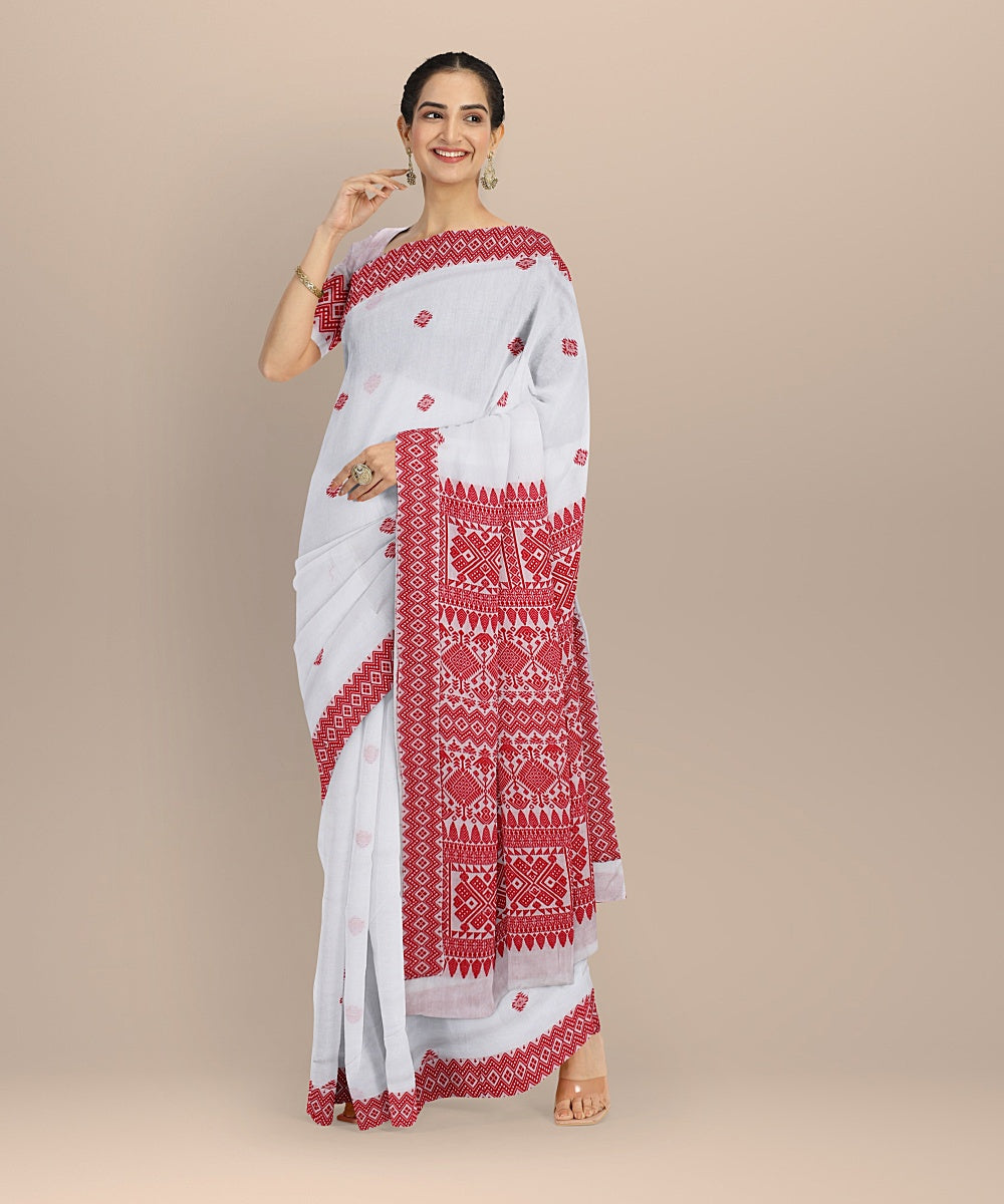 White red cotton handloom assam saree