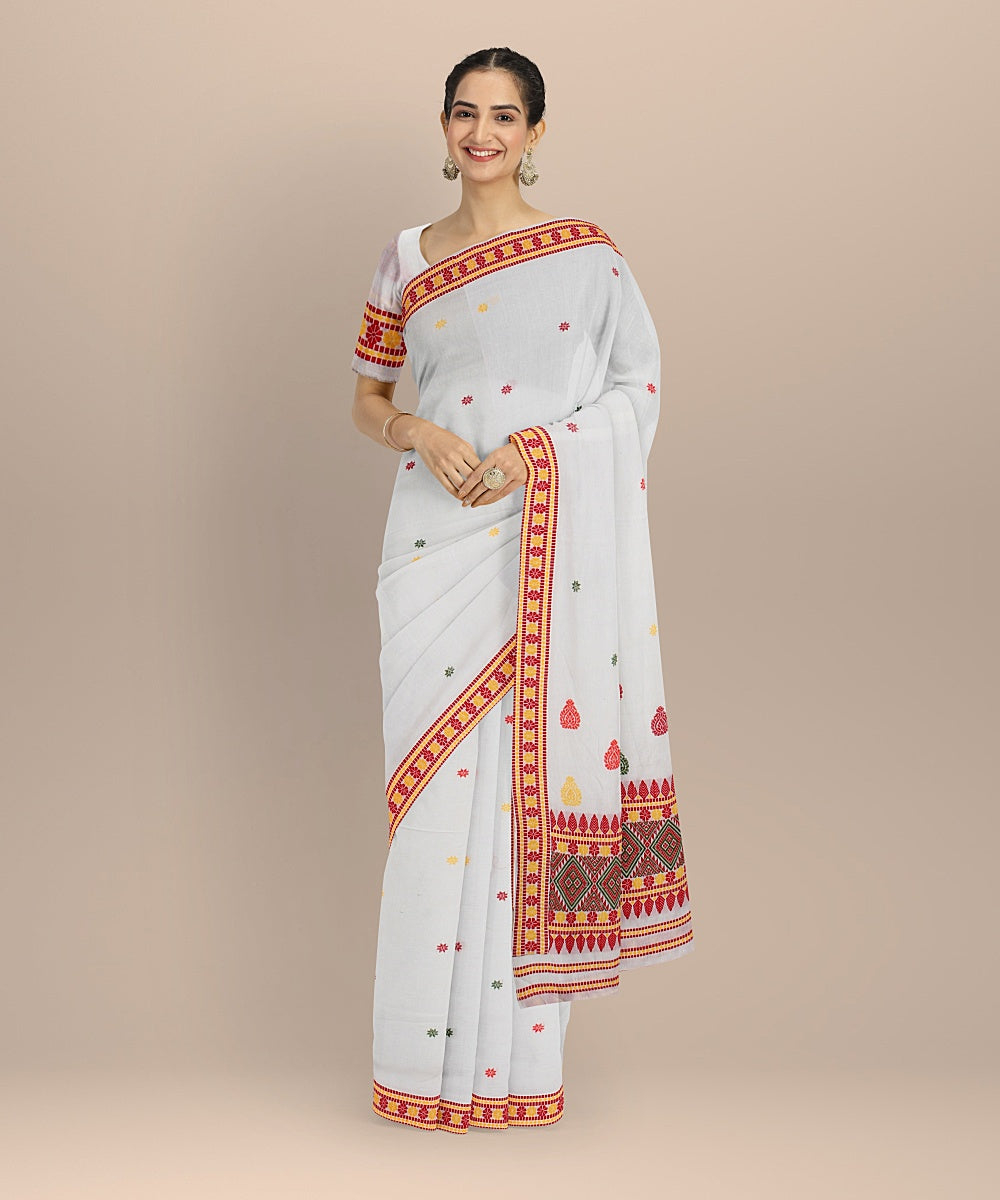 White multicolour handloom cotton assam saree
