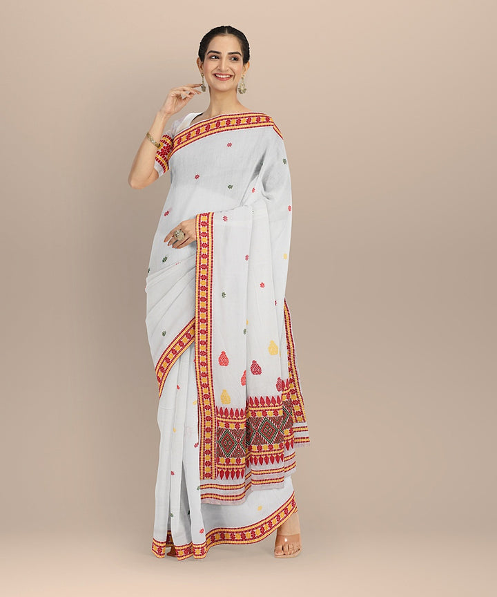 White multicolour handloom cotton assam saree
