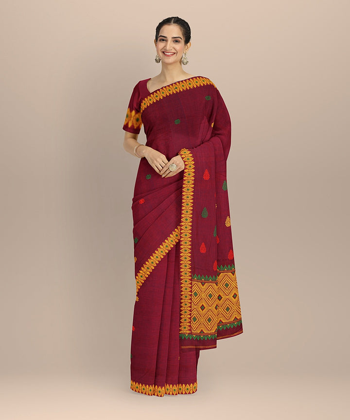 Maroon yellow handloom cotton assam saree