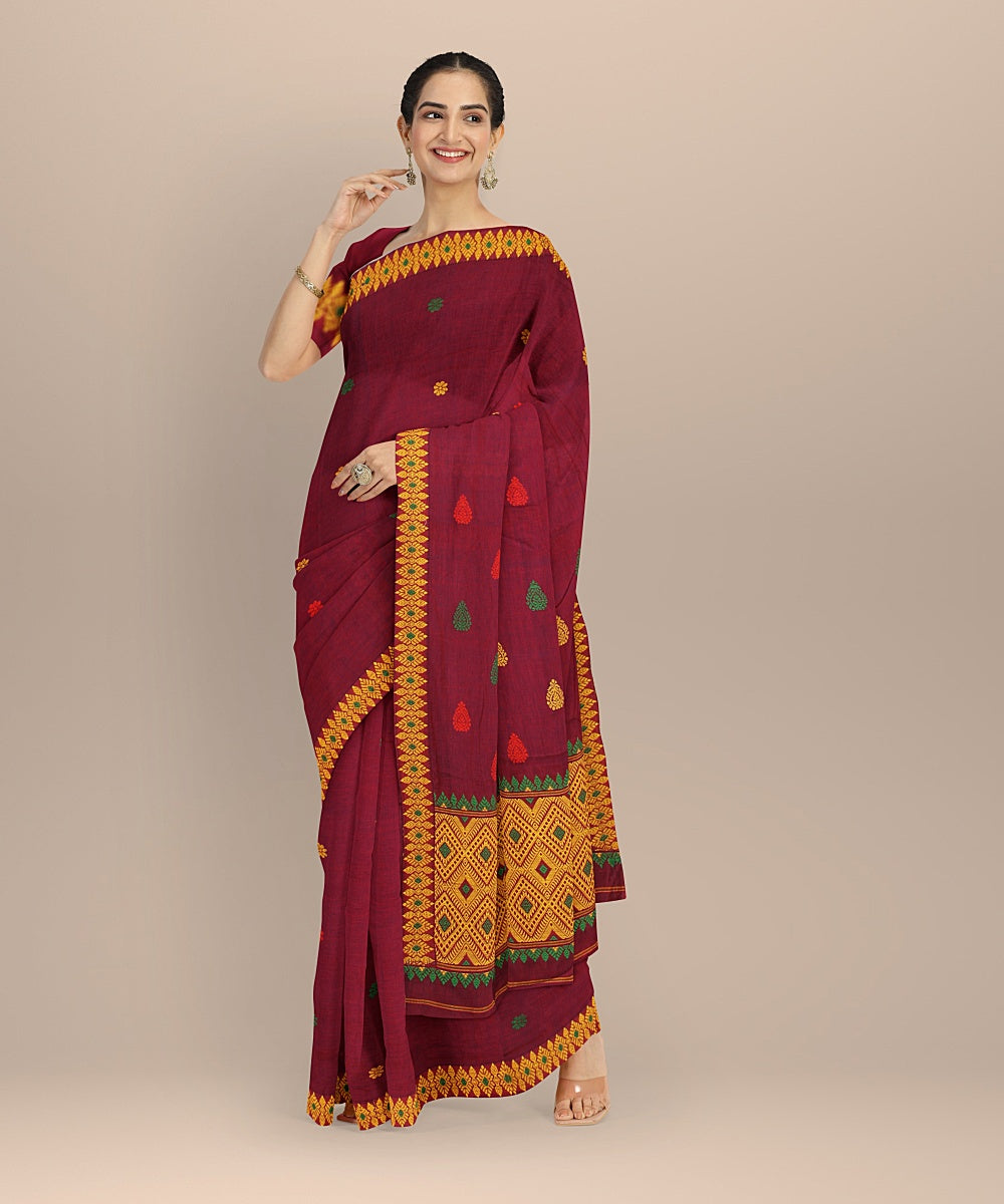 Maroon yellow handloom cotton assam saree