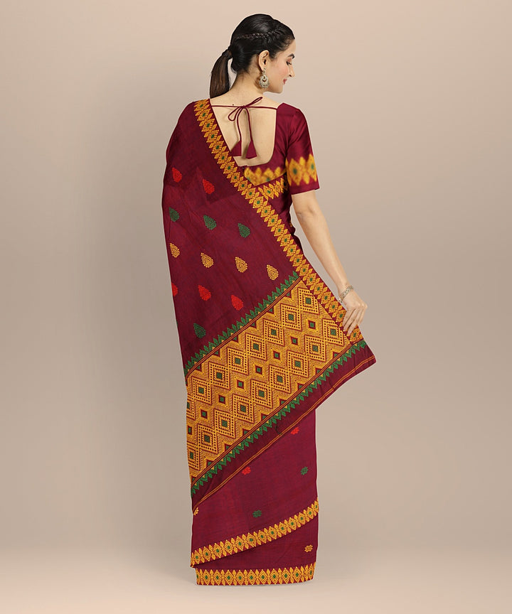 Maroon yellow handloom cotton assam saree