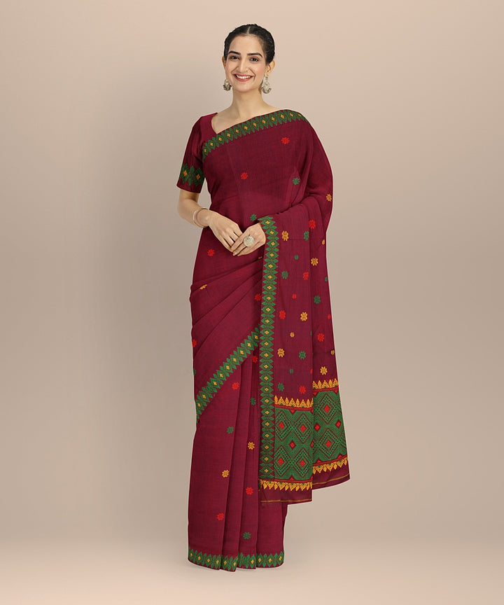Maroon multicolour handloom cotton assam saree