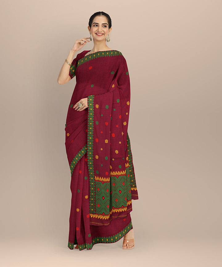 Maroon multicolour handloom cotton assam saree
