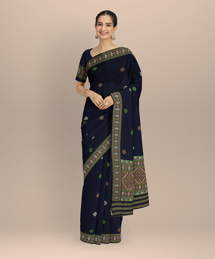 Navy blue multicolour cotton assam handloom saree