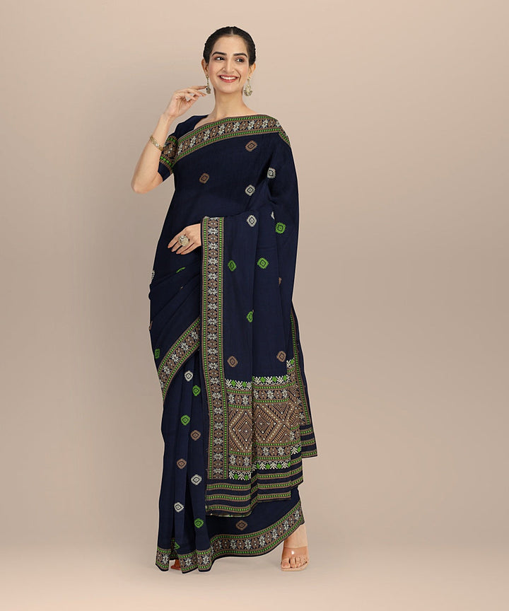 Navy blue multicolour cotton assam handloom saree