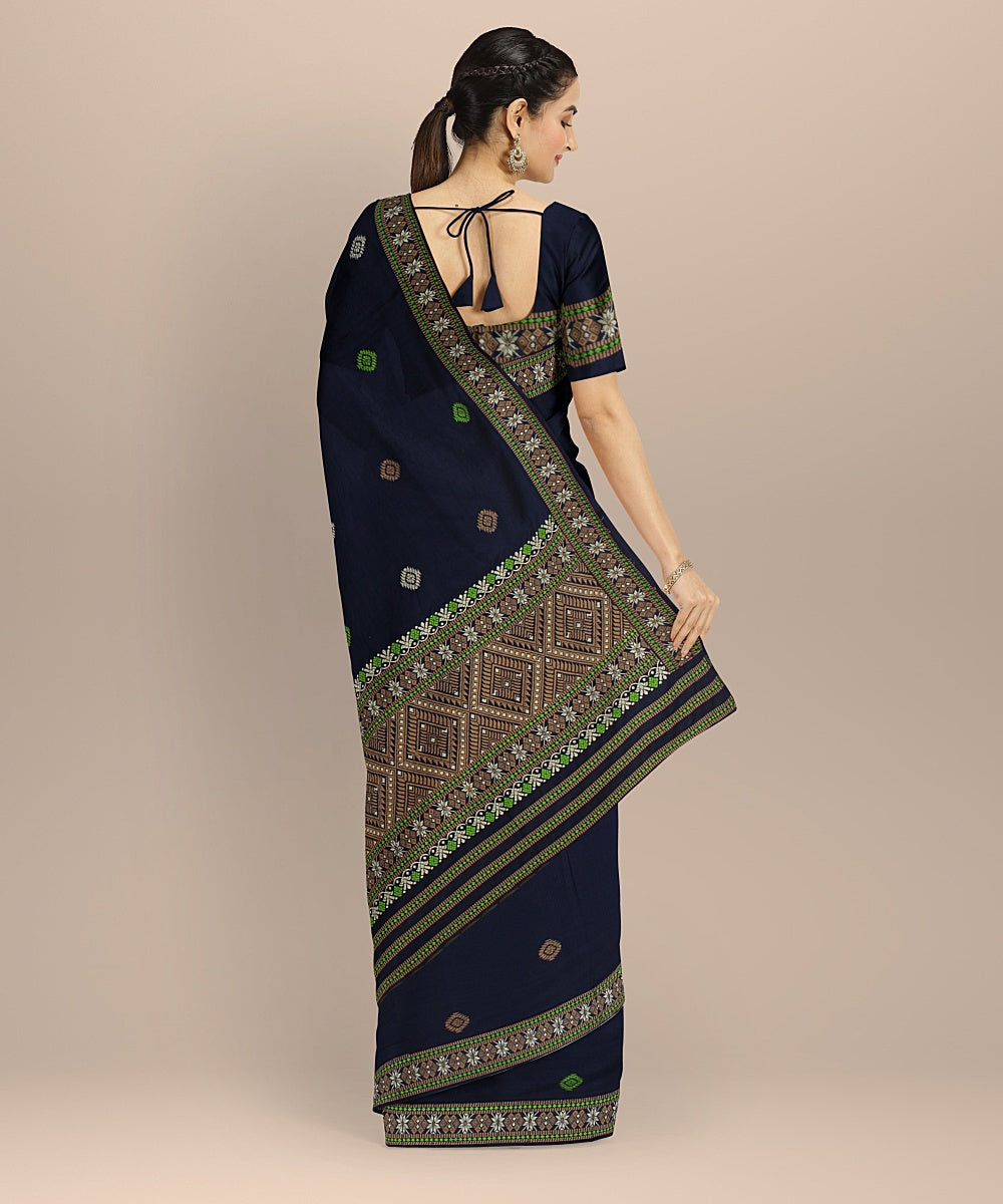 Navy blue multicolour cotton assam handloom saree
