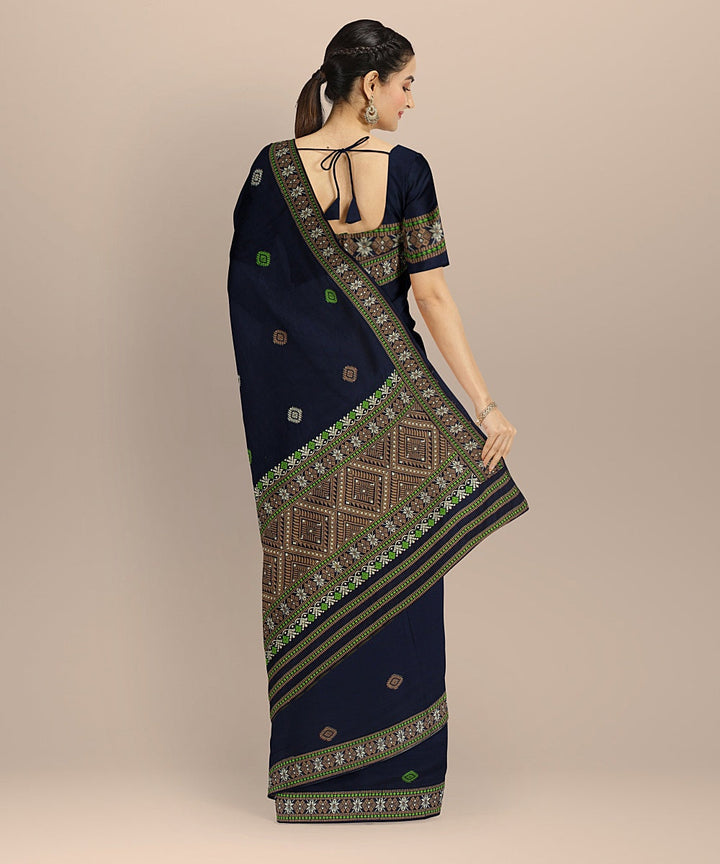 Navy blue multicolour cotton assam handloom saree