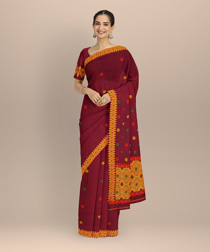 Maroon yellow cotton handloom assam saree