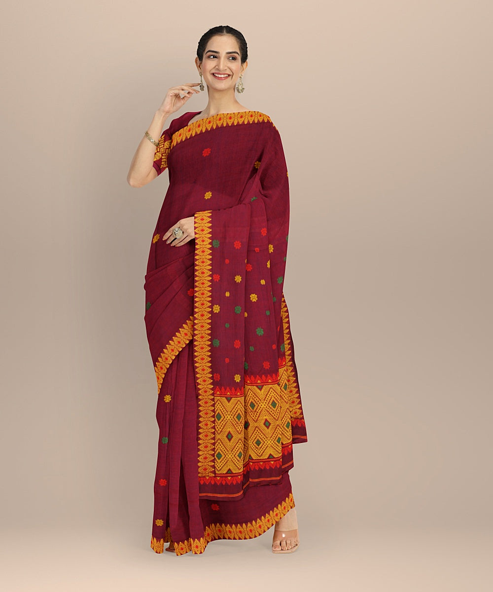 Maroon yellow cotton handloom assam saree
