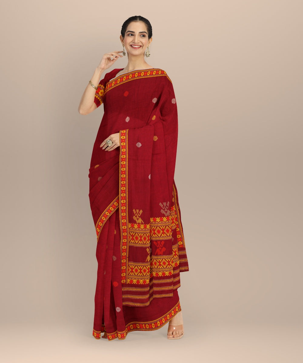 Maroon multicolour cotton handloom assam saree