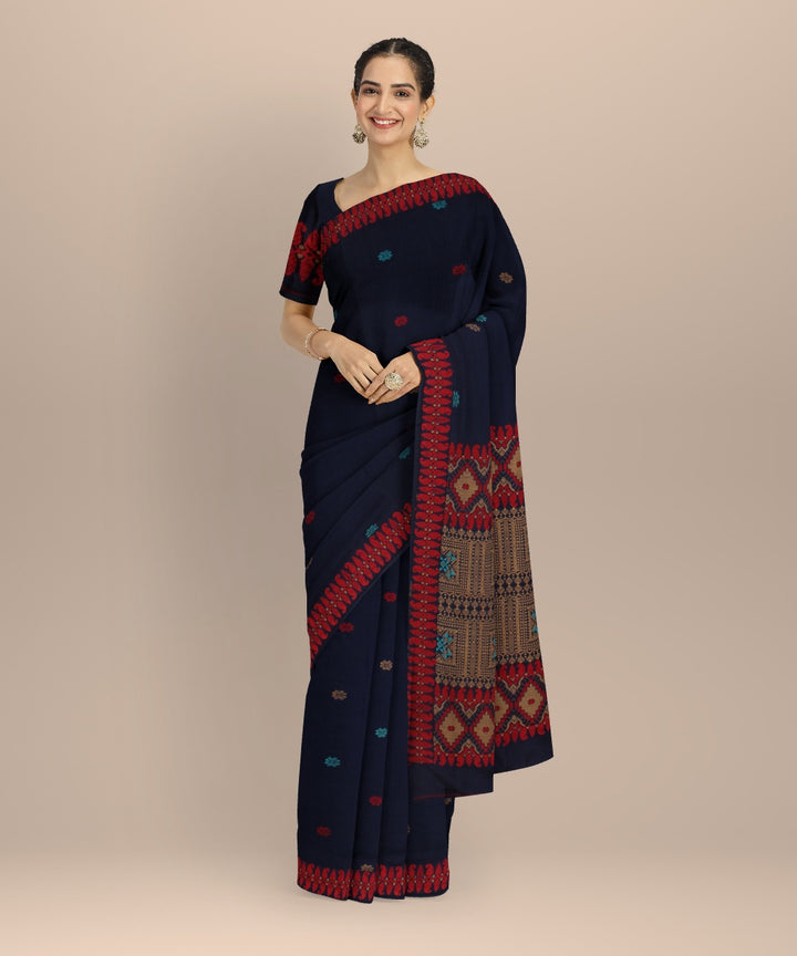 Navy blue multicolour handloom assam cotton saree