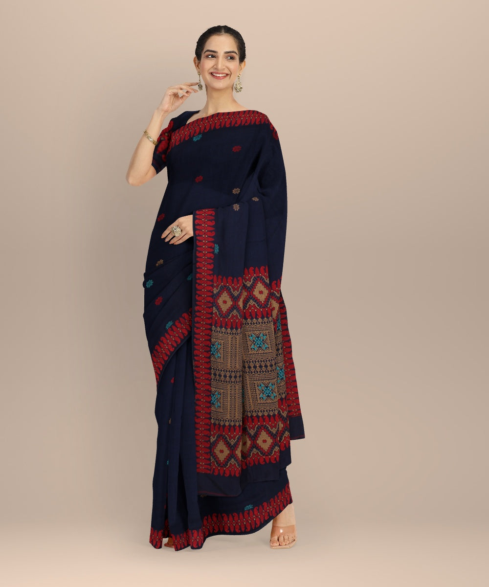 Navy blue multicolour handloom assam cotton saree