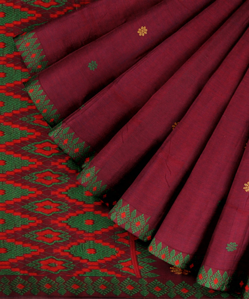 Maroon green cotton handloom assam saree