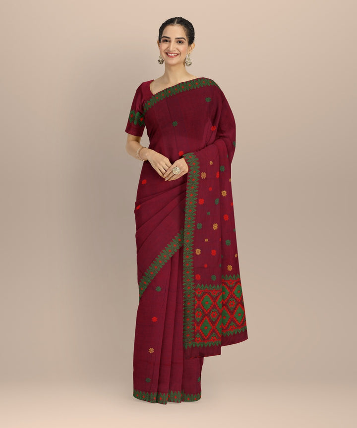 Maroon green cotton handloom assam saree