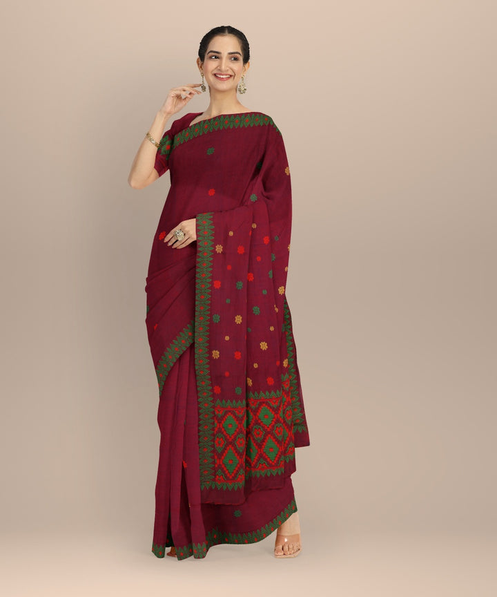 Maroon green cotton handloom assam saree
