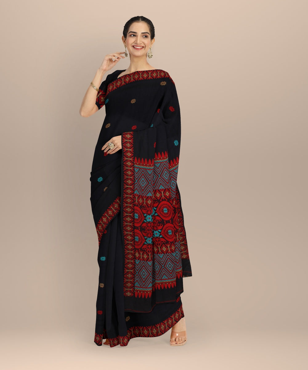 Navy blue multicolour cotton handloom assam saree