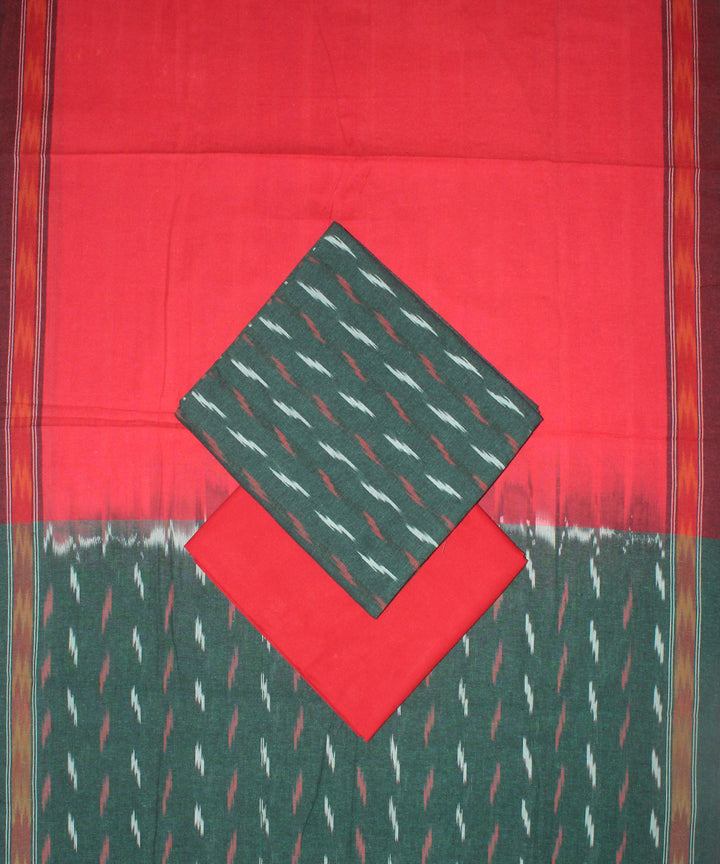 3pcs-dark green and red handwoven pochampally ikkat dress material