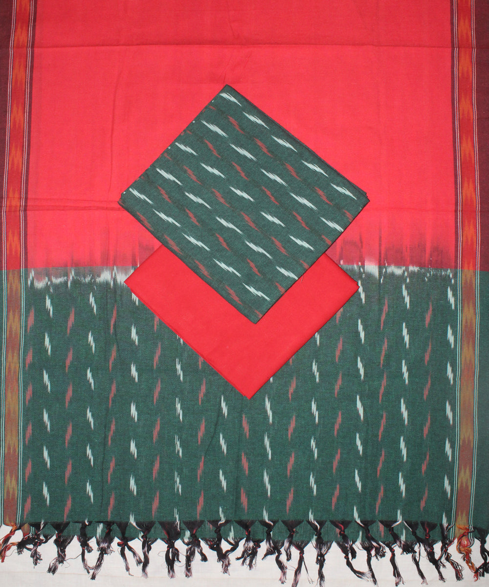 3pcs-dark green and red handwoven pochampally ikkat dress material
