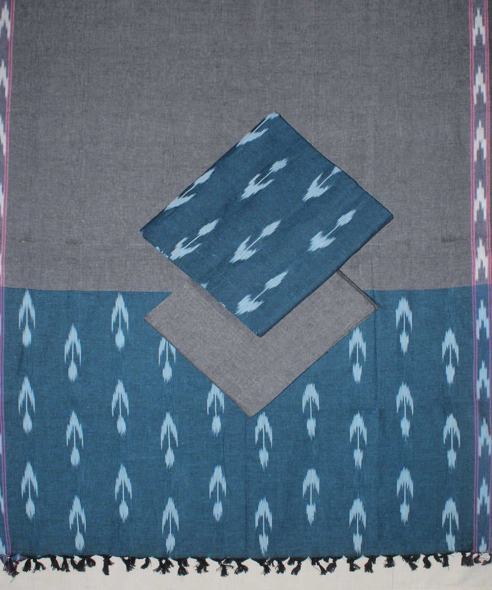 3pcs-cyan green and grey handwoven pochampally ikkat dress material