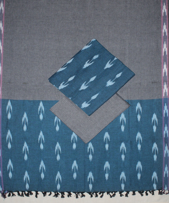 3pcs-cyan green and grey handwoven pochampally ikkat dress material
