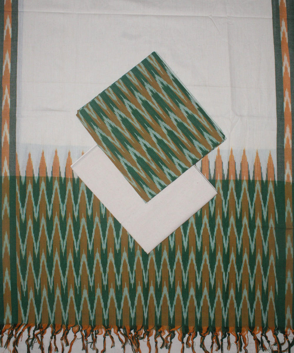 3pcs-green yellow offwhite handwoven pochampally ikkat dress material