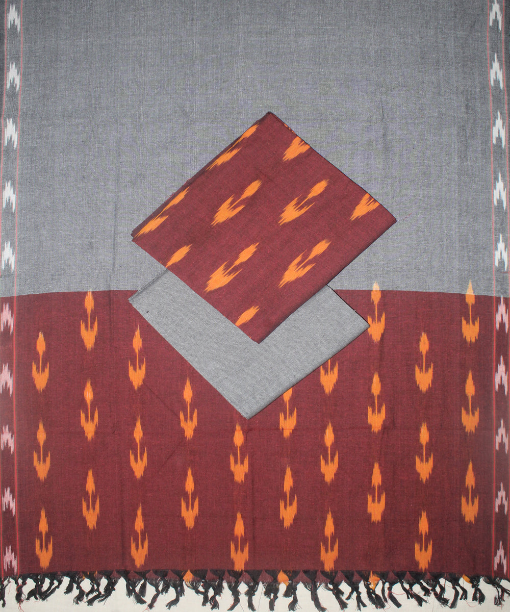 3pcs-maroon ash orange motifs pochampally ikkat dress material