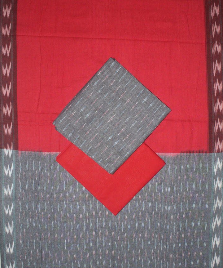3pcs-grey ash and red handwoven pochampally ikkat dress material