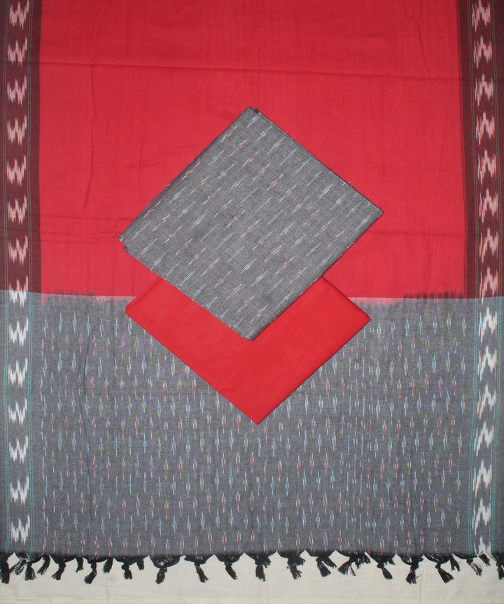 3pcs-grey ash and red handwoven pochampally ikkat dress material