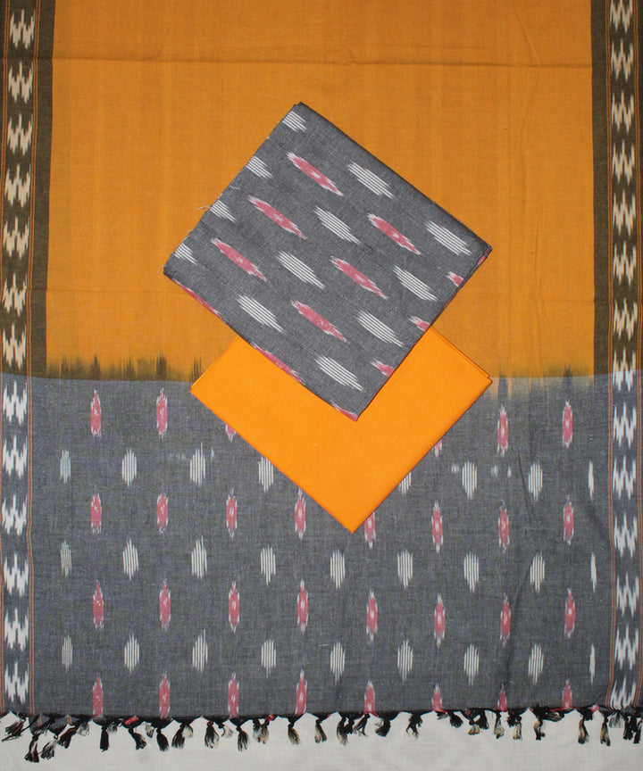 3pcs-grey yellow handwoven pochampally ikkat dress material