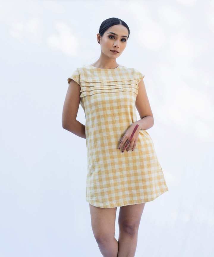 Yellow handcrafted sleeveless cotton dress
