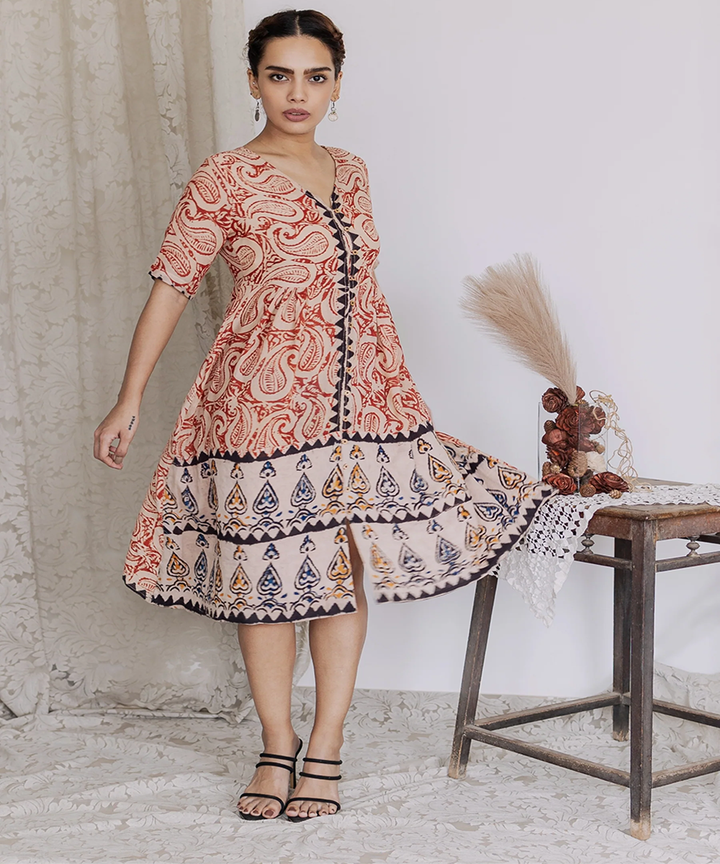 Multi handcrafted kalamkari cotton midi dress