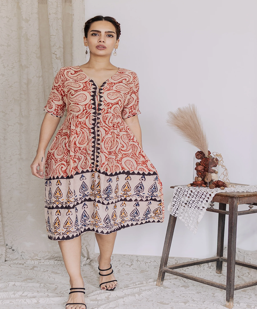 Multi handcrafted kalamkari cotton midi dress