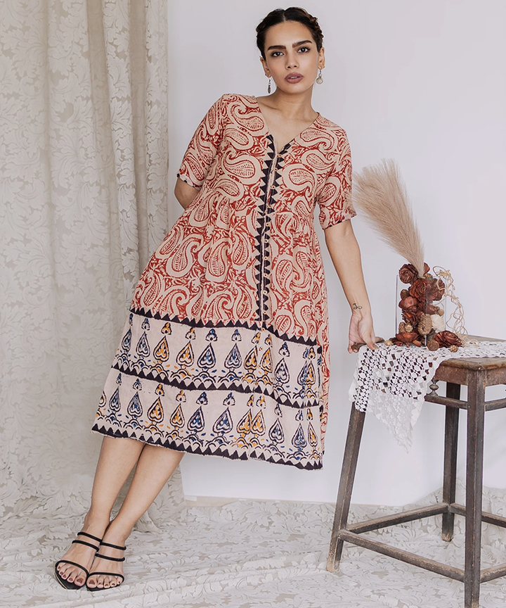 Multi handcrafted kalamkari cotton midi dress