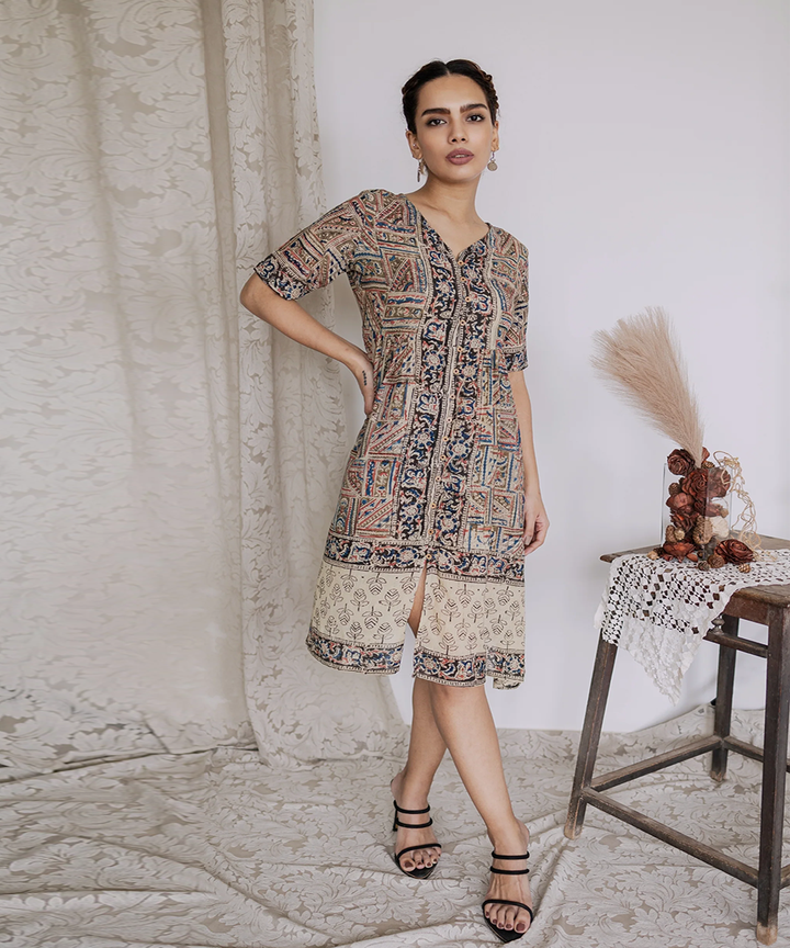 Multicolor handcrafted kalamkari cotton midi dress