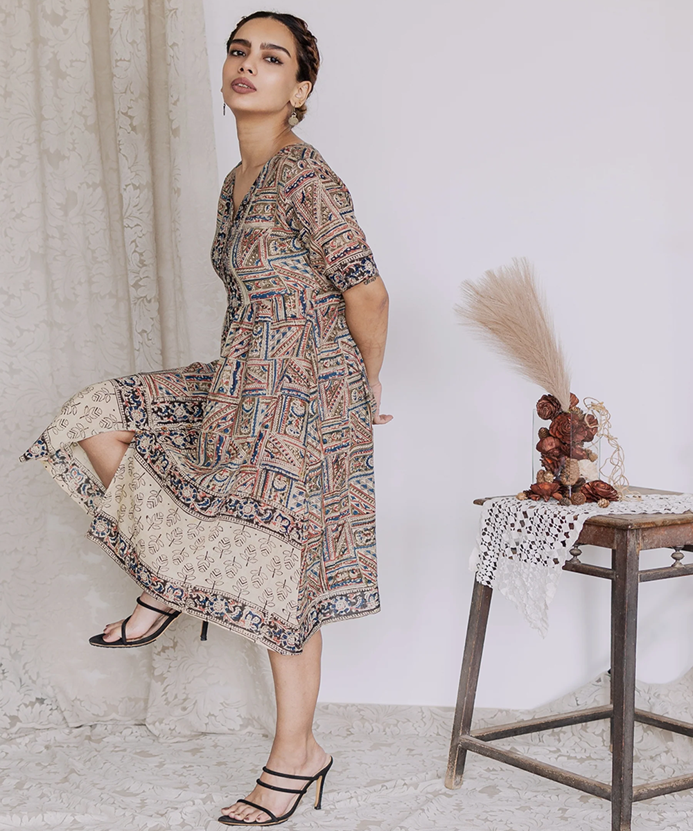 Multicolor handcrafted kalamkari cotton midi dress