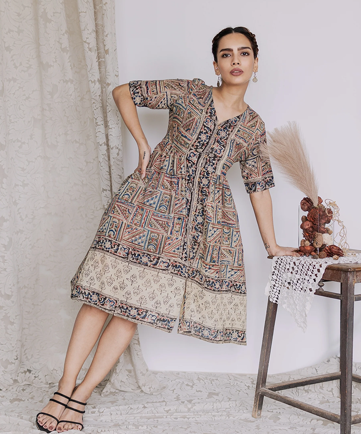 Multicolor handcrafted kalamkari cotton midi dress