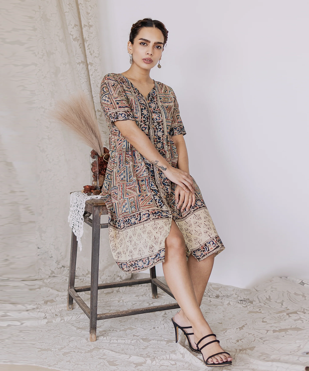 Multicolor handcrafted kalamkari cotton midi dress