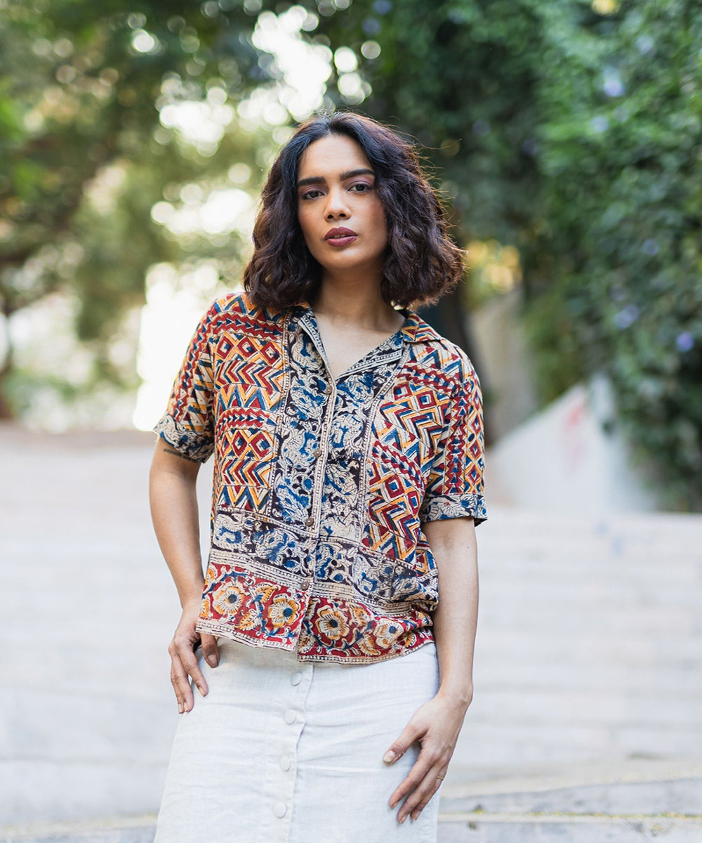 Multicolor handblock printed kalamkari cotton shirt