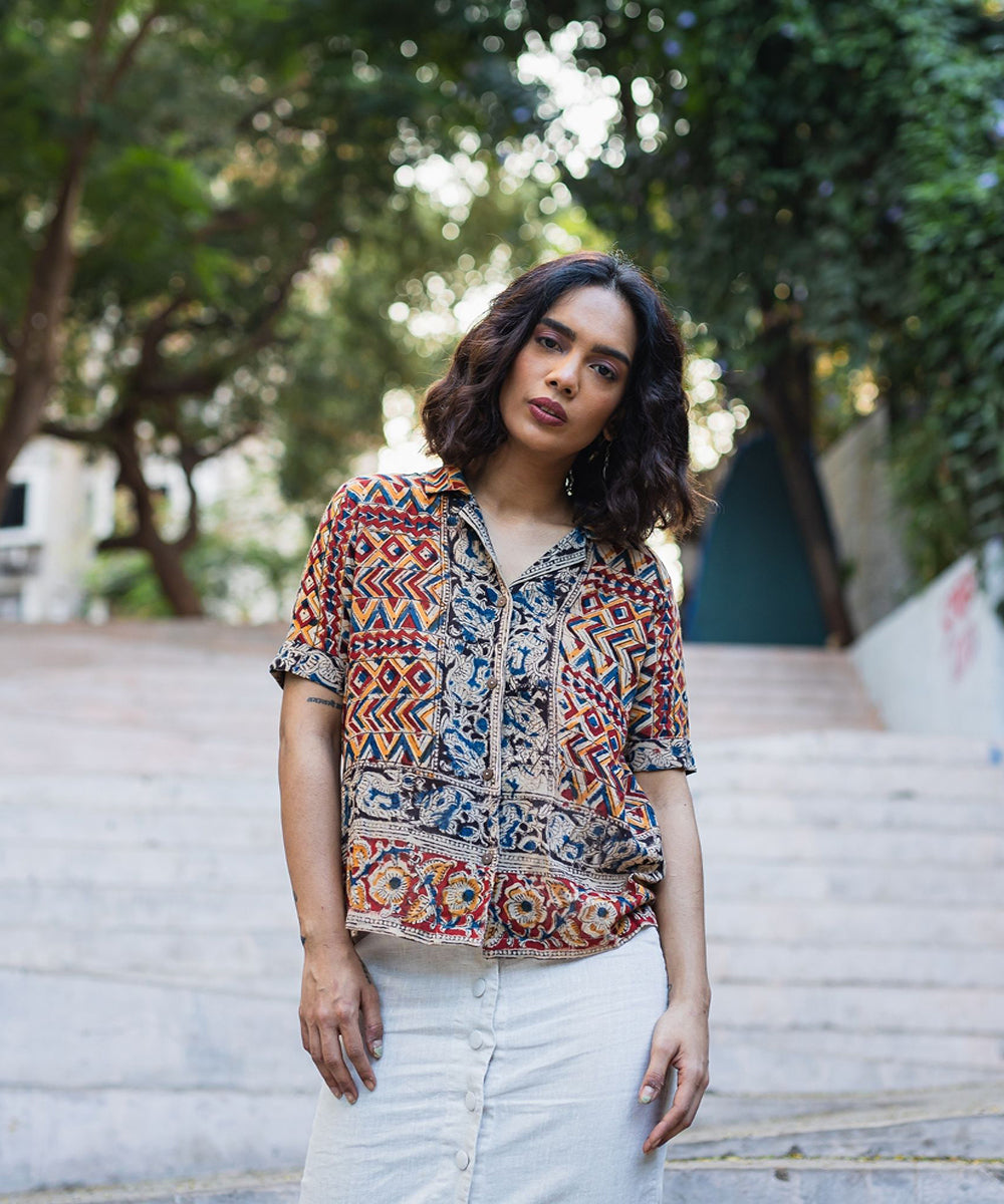 Multicolor handblock printed kalamkari cotton shirt